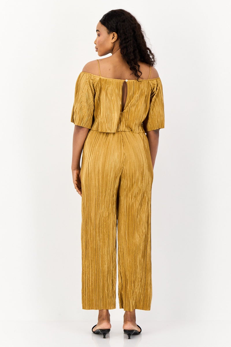 ONLY Women Textured Short Sleeves Jumpsuit, Tan - Image 4